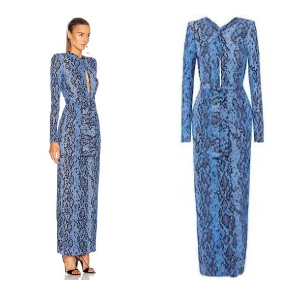 DUNDAS Snake Print Long Sleeve Maxi Blue and Black Long Sleeve Dress